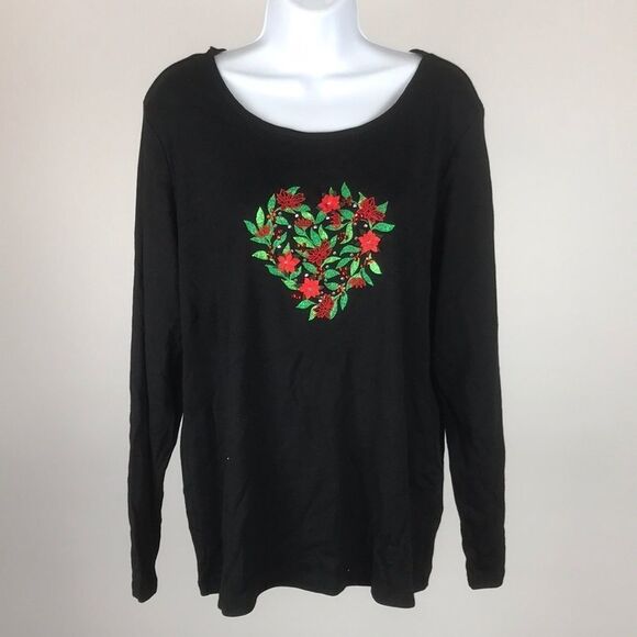 Karen Scott Cotton Sequined Flower Heart Graphic Top women’s size XL￼ - Picture 2 of 6